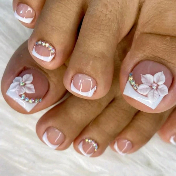 unbranded Other - 24Pcs Short Square White Toe Nails 3D Flower Rhinestone Set with Nail File SH